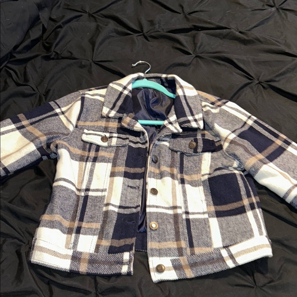 Fashion Nova Navy and Cream Plaid Jean Jacket
